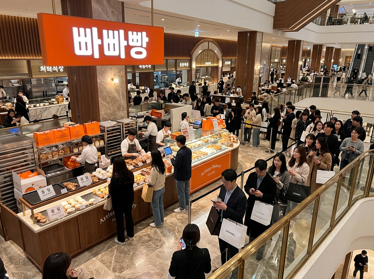 롯데백화점 빠빠빵 매장에 줄을 선 손님들
